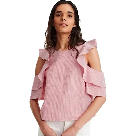 Club Monaco Hamisi Ruffle Stripe Cold Shoulder Top Red White XS Club Monaco Hamisi Ruffle Stripe Cold Shoulder Top Red White XS